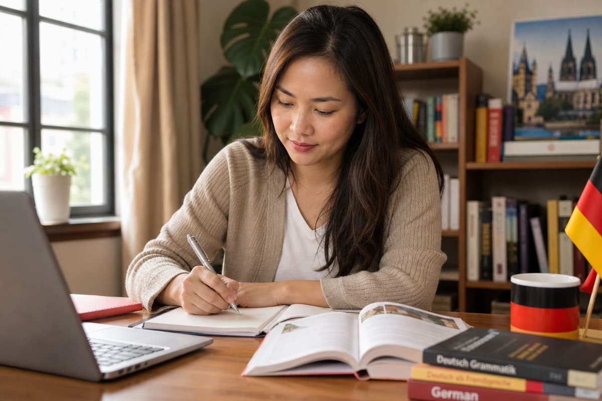 Lala học tiếng Đức tại bàn làm việc — câu chuyện người Việt học tiếng Đức tại Đức