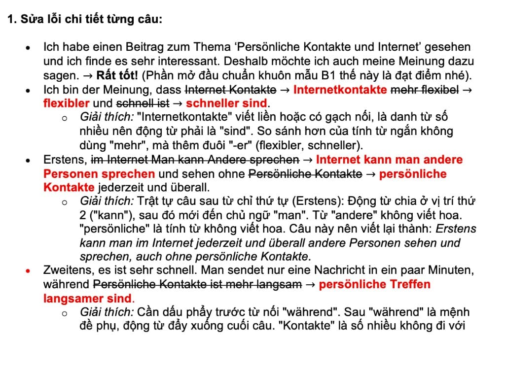Feedback chi tiết từng câu sau khi giáo viên sửa bài viết Teil 2